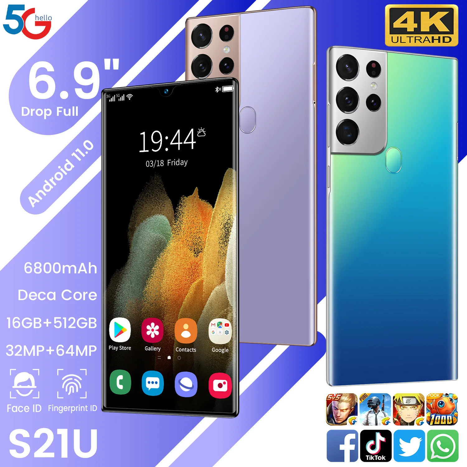  Смартфон s21u plus 32 + 64 Мп 4 ядра 2 SIM-карты 16 512 ГБ 6 9 дюйма Android 8