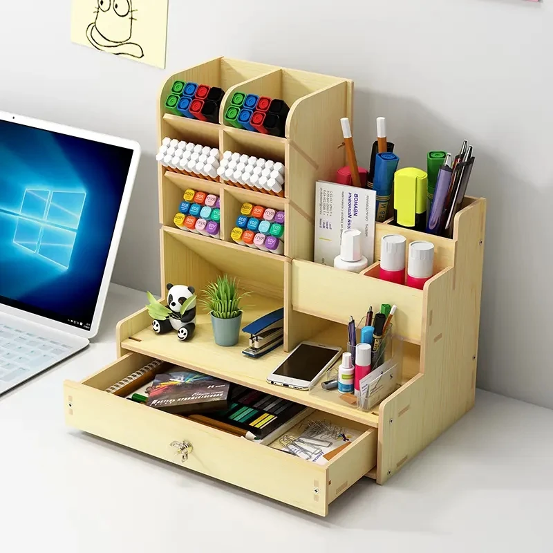 Wooden Desktop Stationery Storage Cabinet Desk Organizer Penholder Wood Pen Container With Drawer For Office