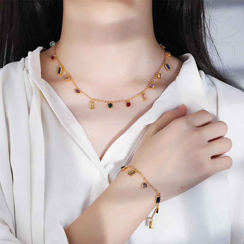 Real 18k PVD Gold Zircon Women Bracelets Pendant Necklace Jewelry Stainless Steel Round Rectangle Colorful Zircon Necklace Set