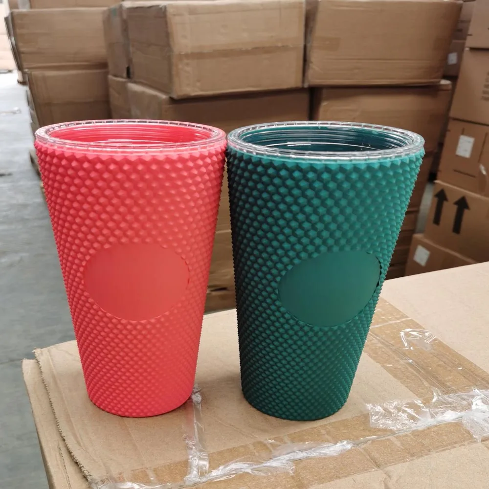 2023 New 20oz Plastic Coffee Double Layer Plastic Straw  Pink Crystal Studded Tumbler Mug with Straw