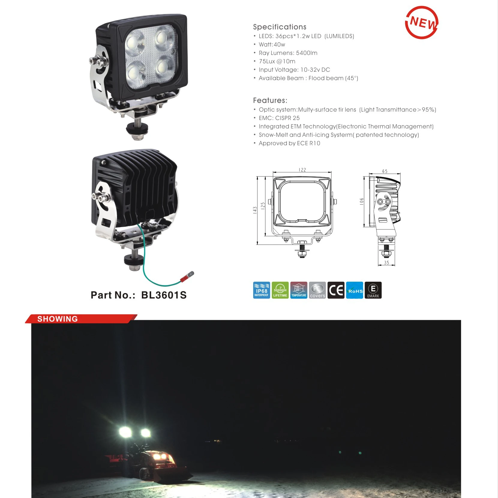 Светодиодный рабочий светильник 40 Вт, светодиодные рабочие лампы для снегохода, плавление, защита от глазировки для тракторов, грузовиков, светодиодный рабочий светильник