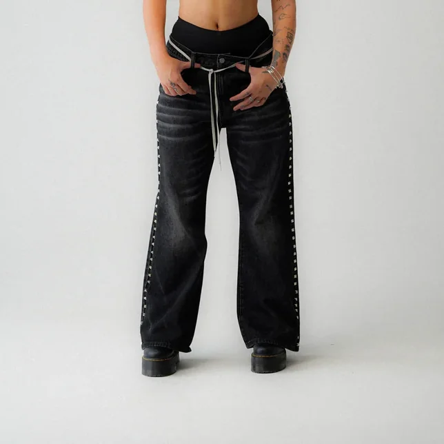 Custom Men Rivet Decoration Flare Washed Vintage Denim Baggy Jeans Pants