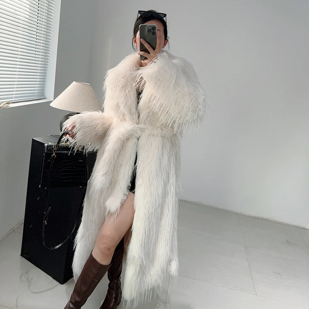 Factory Loose Faux Long Pile Ostrich Fur Coat Full Sleeves Long Style Luxury Thick Warm Fluffy Winter Fur Coats For Ladies Women