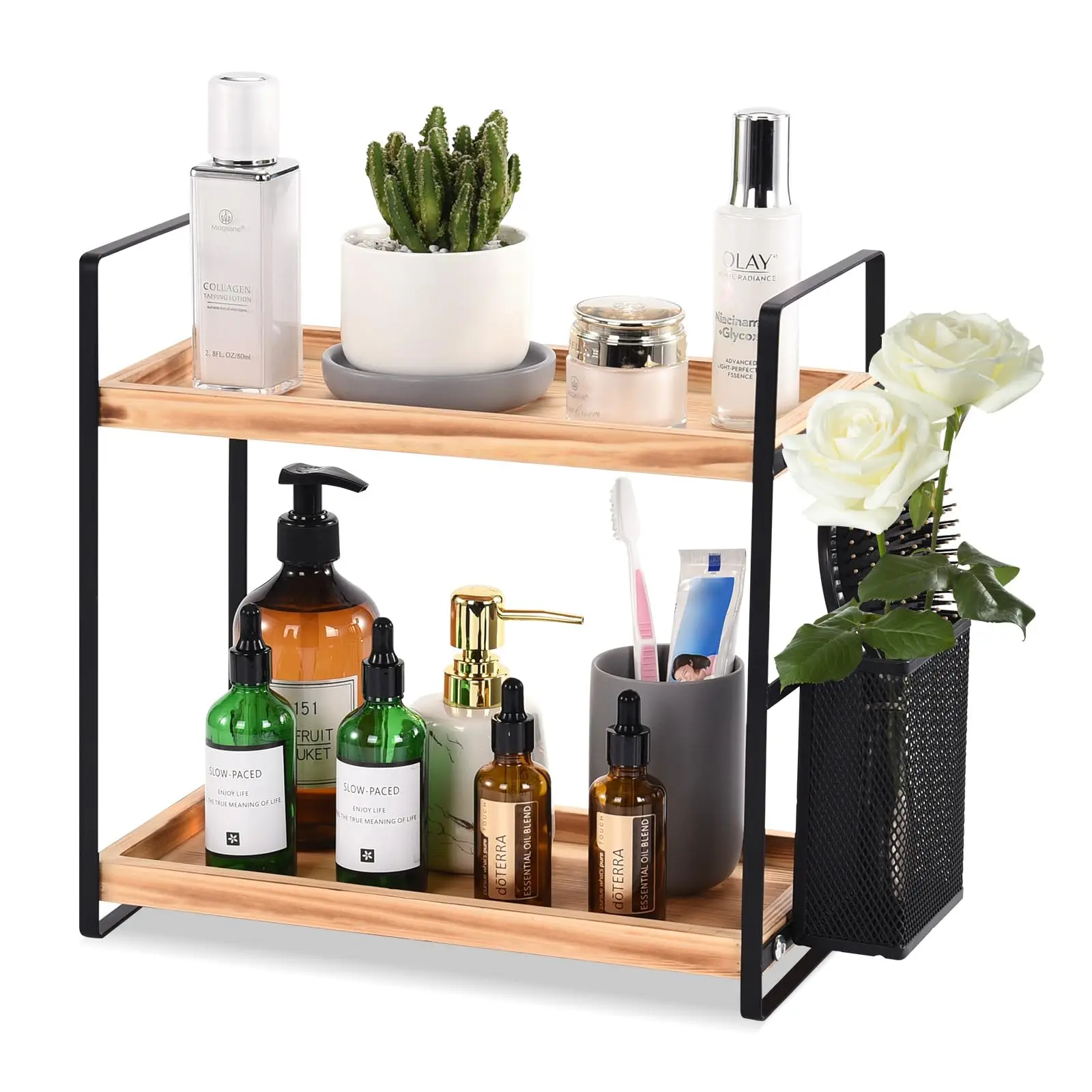 2-Tier Wood Rack Countertop Shelf Vanity Organizer Skincare Perfume Organizer Tray Bathroom Organizer Counter