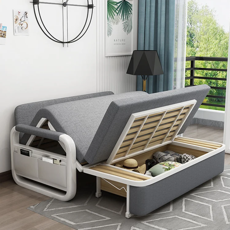 Modern Fabric Folding Chair Sleeper Three Seat Sofa Bed Wooden Living Room Multi-function Divan