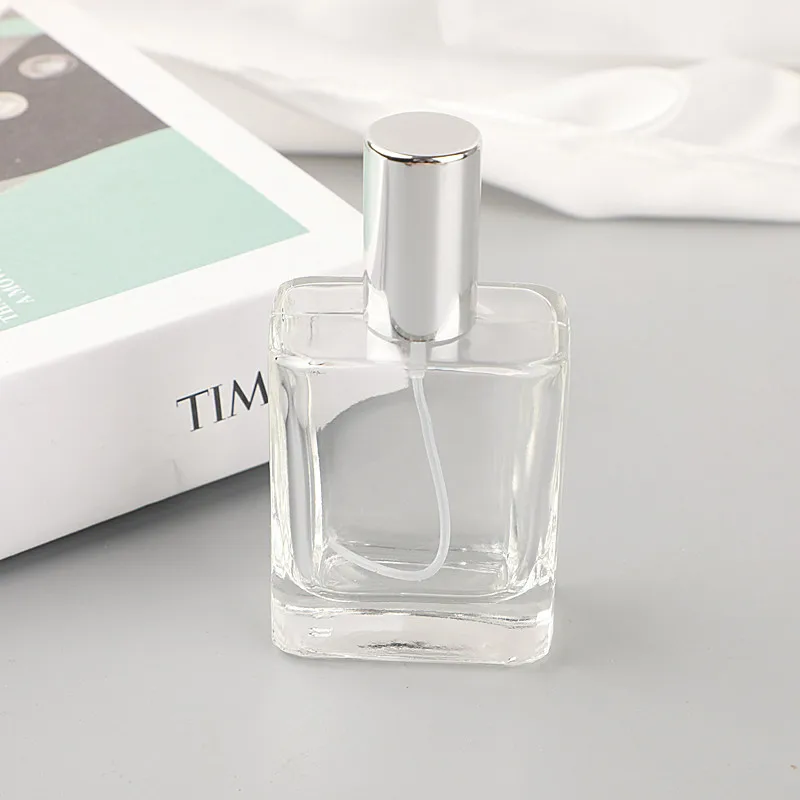 Hot sale square shape white pink orange red blue color 30ml 1oz luxury perfume bottle refill glass spray