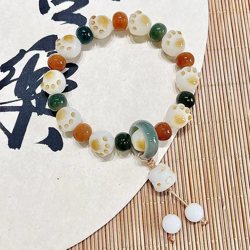 Bodhi Seed Beaded Bracelet Cute cat claw shaped bead elastic rope bracelet for women and little girls Chinese style jewelry