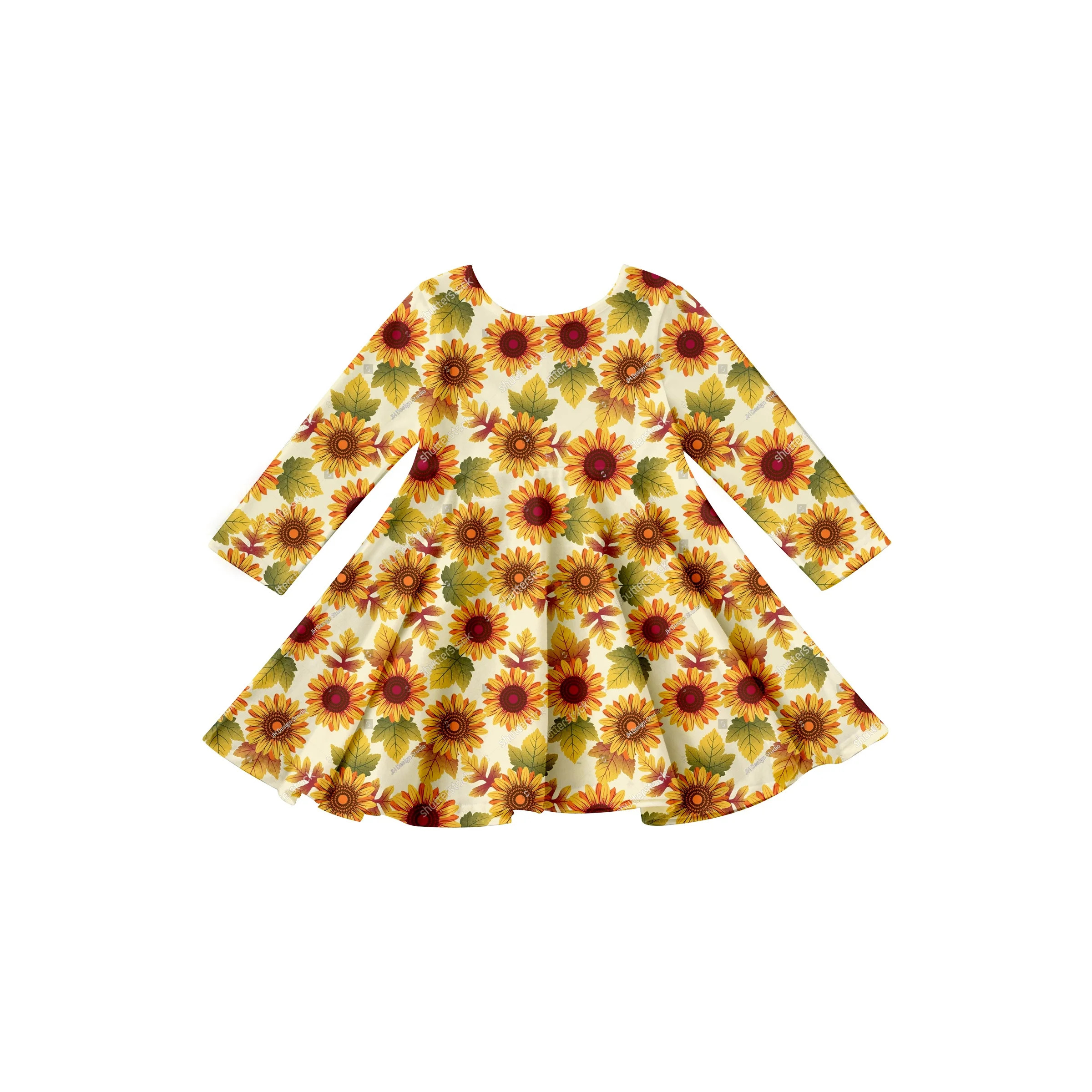 Girlymax 2022 Thanksgiving Turkey Pumpkin pattern orange Long Sleeve A-LIne Twirl Knee Length Baby Girls Dresses Kids Clothing