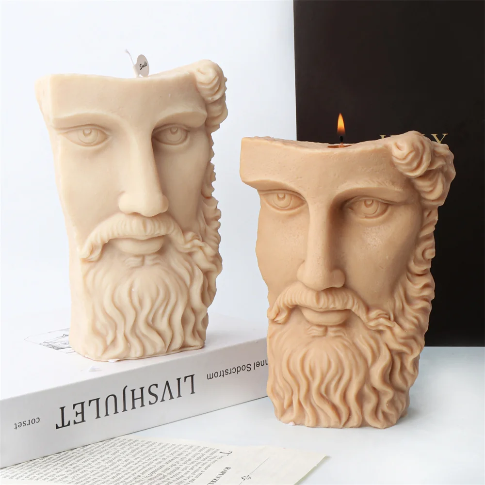 Greek Abstract Art Portrait Prometheus Candle Silicone Mold Freud Half Face Beard Man Statue Religion Man Silicone Model