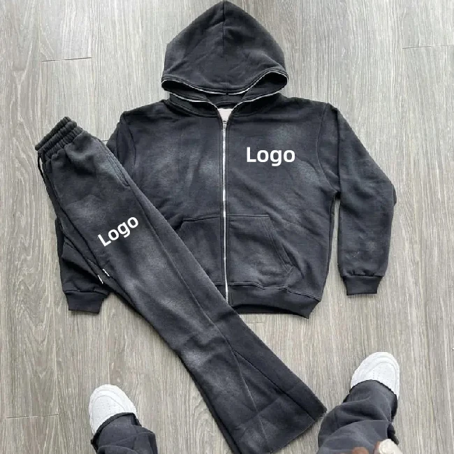 Custom Logo Vintage Sweatsuits Flared Sweatpants And Hoodie Set Streetwear Acid Wash Tracksuits
