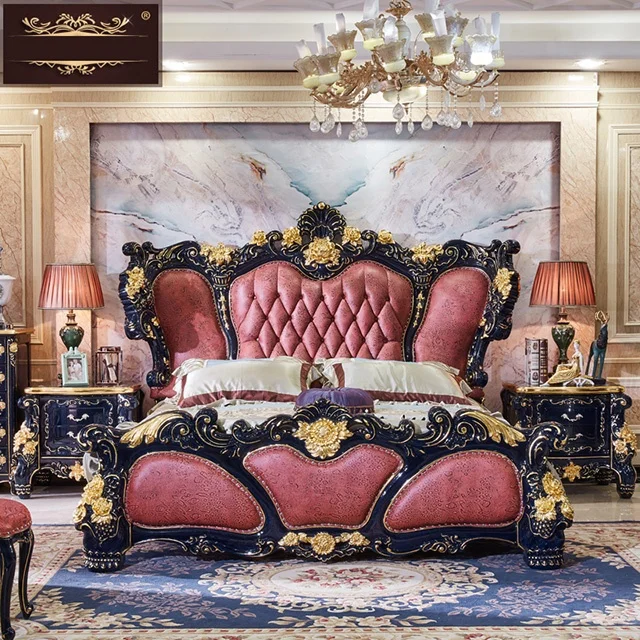 Customizable royal Luxurious French style genuine leather king size beds solid wood bed set wedding princess furniture bedroom