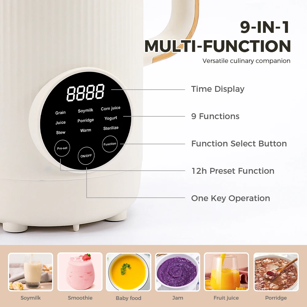 Soybean milk maker Multi-functional stainless steel soy milk maker Nut milk making machine for fresh breakfast Low noise blender