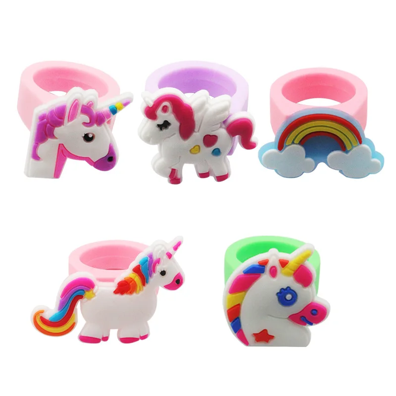 Wholesale Little Girl Jewelry Rings Eco Friendly Silicone Unicorn Rainbow Finger Ring Party Supplies PVC Finger Rings