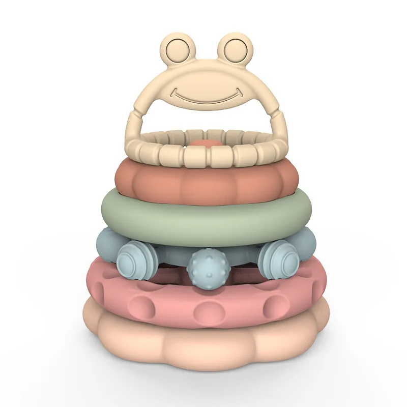 BPA Free Babies Teether Frog Silicone Geometry Stacking Toy Stacking Blocks Food Grade Children Sensory Educational Toy