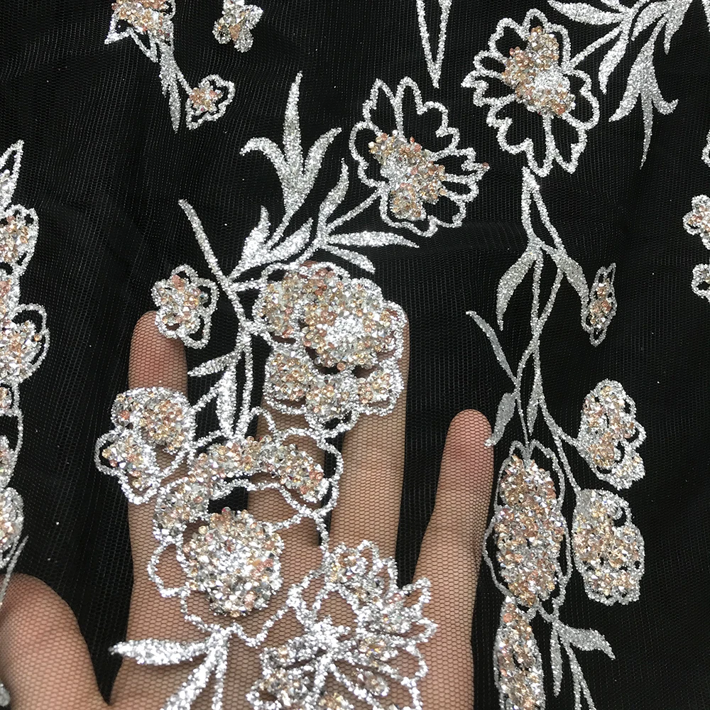 Wholesale Black African French Net Tulle Mesh Glitter Rhinestone Lace Fabric Shiny Flower Sequence Evening Dress Sewing Material