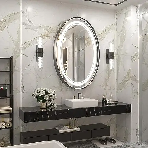 LED Oval Mirror  Bathroom Mirror with 3 Color Lights lit Vanity Mirror for Wall Dimmable  Lighted Illuminated Lighted