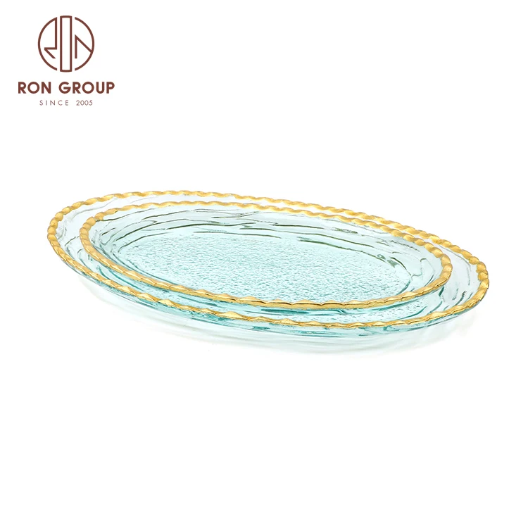 Cheap Wide gold rim clear candy food warmer glass dinnerware charger plate for wedding decoration baking dishes glass