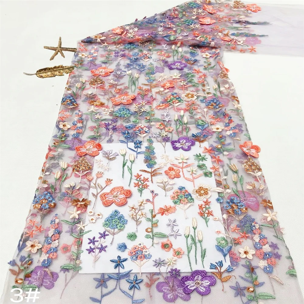 2024 New Design Embroidery Colorful Tulle 3D Floral Colorful Handmade Flower Embroidery Lace Mesh Fabric