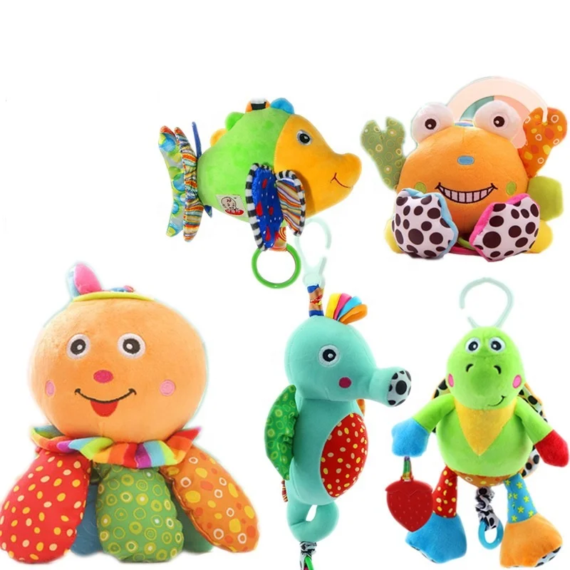 Hanging Car Seat Stroller Toys with Teether for Babies Soft Plush Toy Dog Design for Infants, Baby Soothing Toys for Crib Mobile