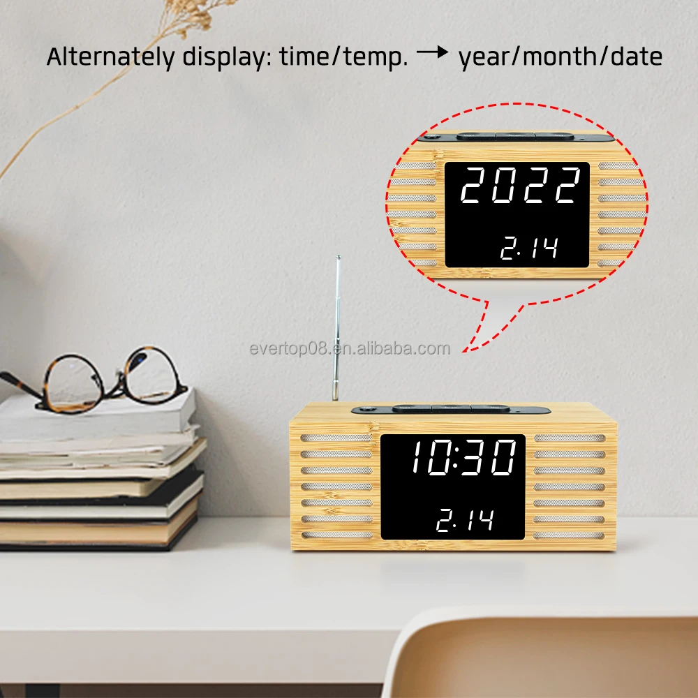 ET589 Home Decoration High Quality LED Bamboo Clock with FM Radio