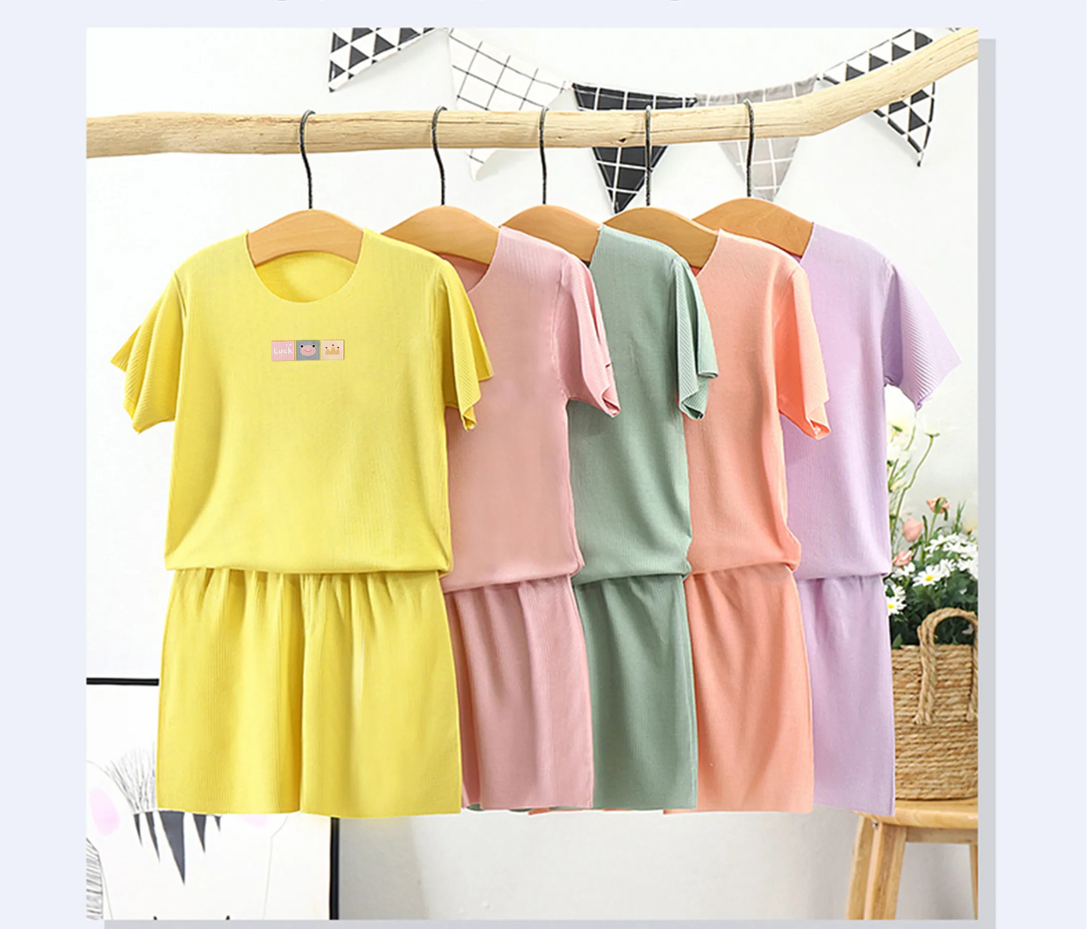 
Mysweeby Manufacturer solid colour ribbed soft short summer cotton pjs suits children baby girls pyjamas sleep wear sets 