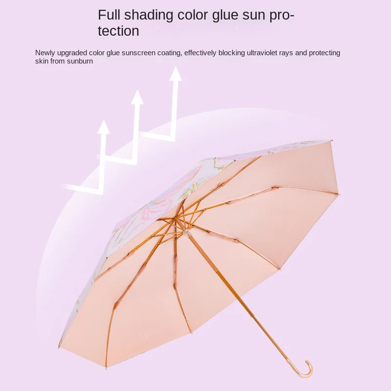 Japanese style folding umbrella with golden frame golden hook handle sun umbrella UPF 50+