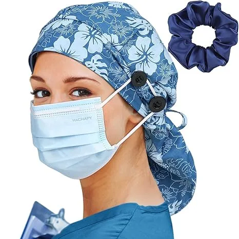 Ponytail Satin Lined Woking Hat Bouffant Scrub Cap with 4 Buttons and Sweatband Adjustable