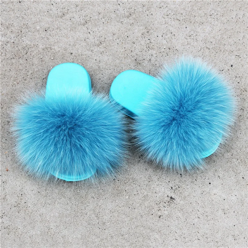 Factory wholesale non slip fur slides kids rainbow fur slippers little girls kids fox fur slippers