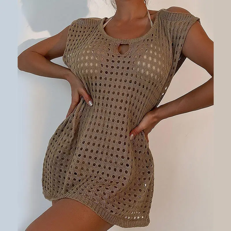 Oem Custom Hollow Out Cut-out Dot V-neck Button Knitted Summer Beach Sundress Elegant Sexy Casual Mini Dress Women