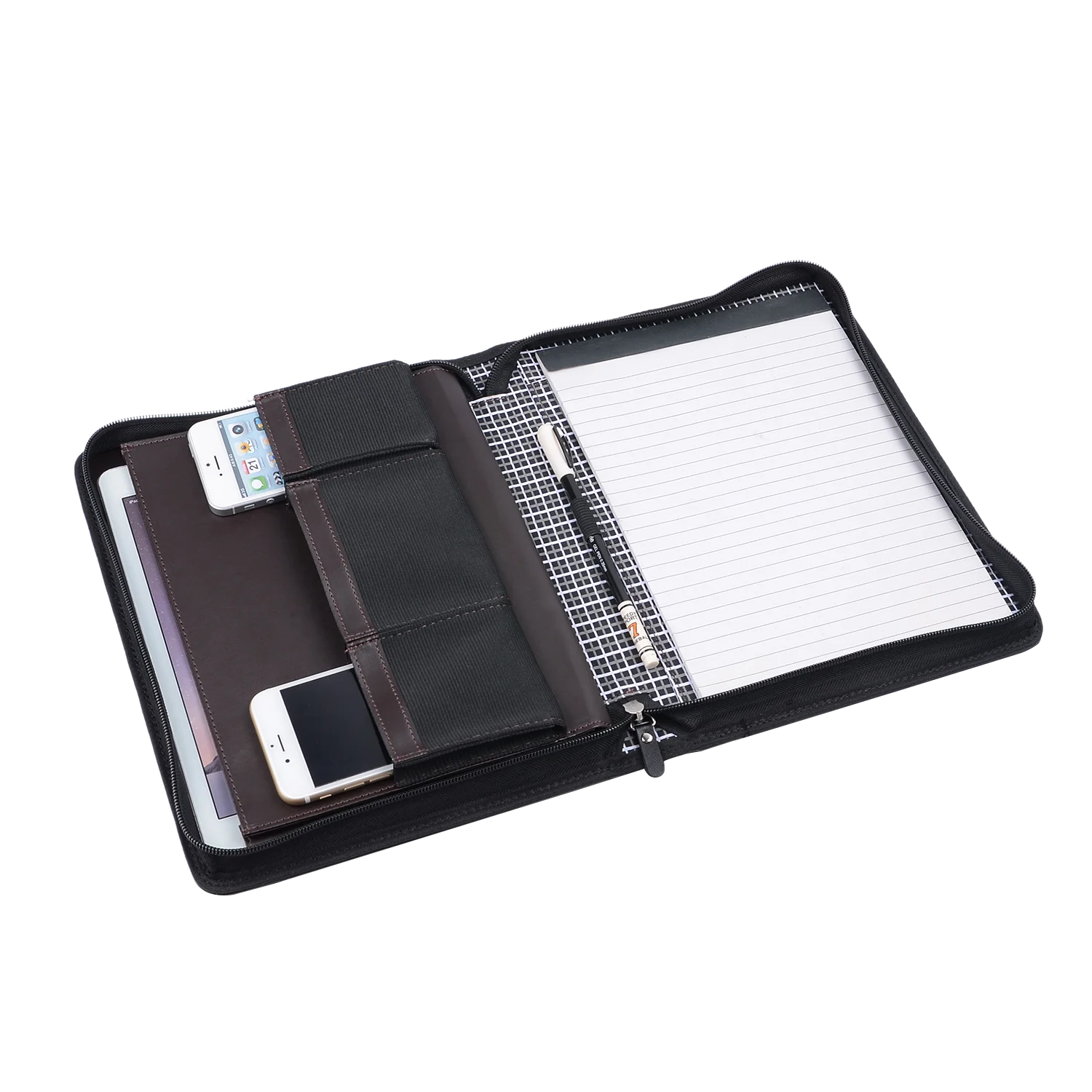 Multifunctional PU Leather  Portfolio Padfoilo with Zippered Closure A5 Writing Pad Organizer Interior Pocket for Phone Tablet