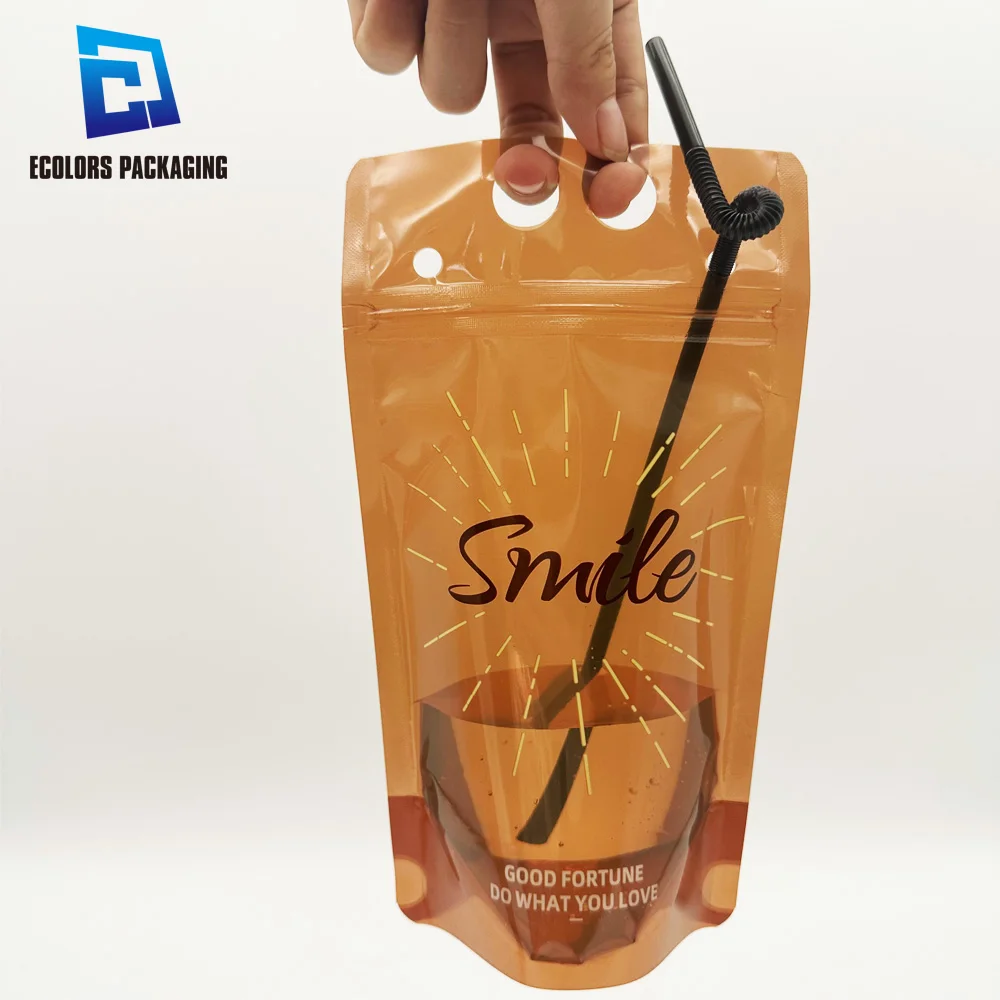 Stock available 500ml food grade instant coffee powder standing reusable zipper plastic drink pouches bag with black straw