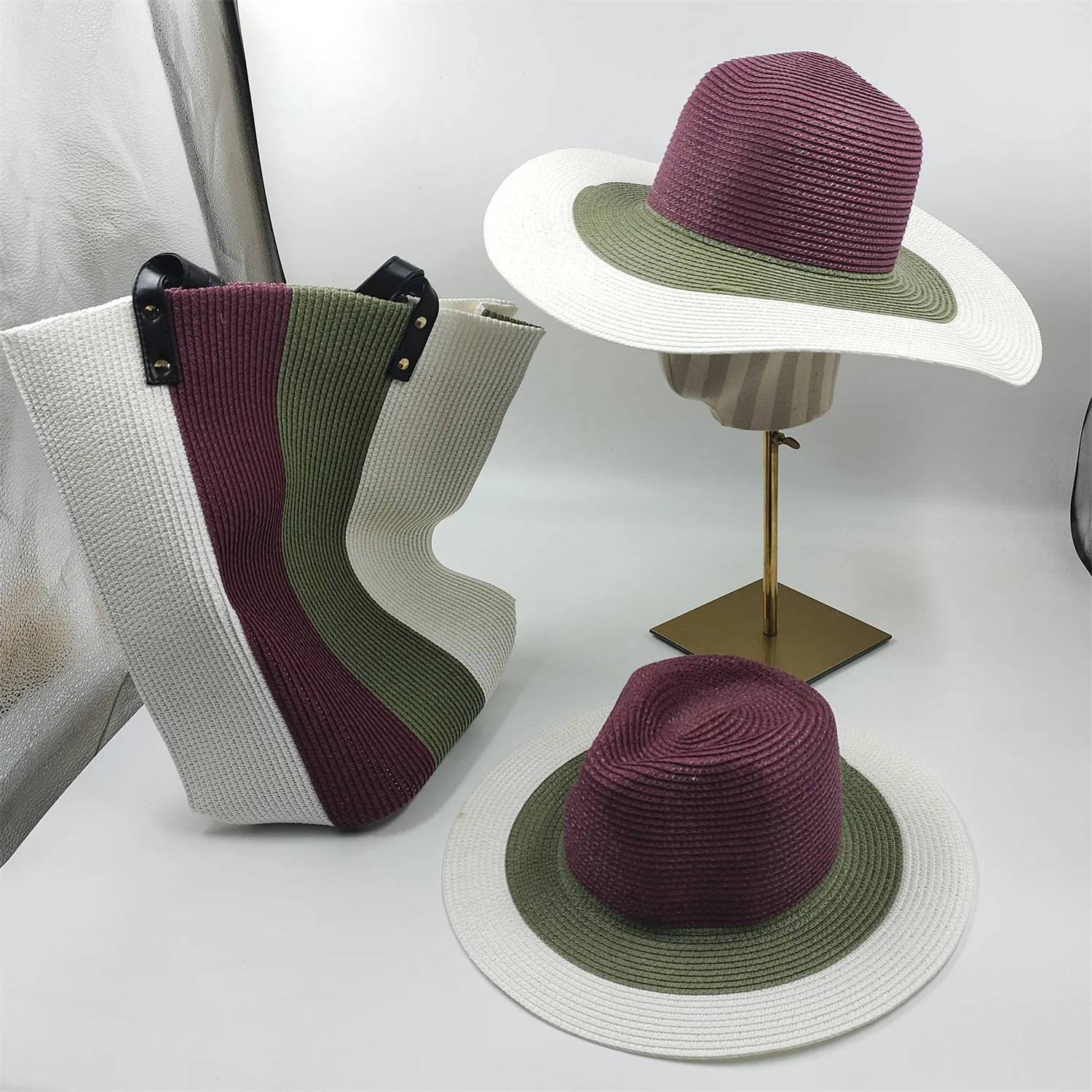 Summer Foldable Large Brim Striped Straw Hat And Woven Bag Set Men Women Outdoor Breathable Beach Sun Shade Jazz Hats