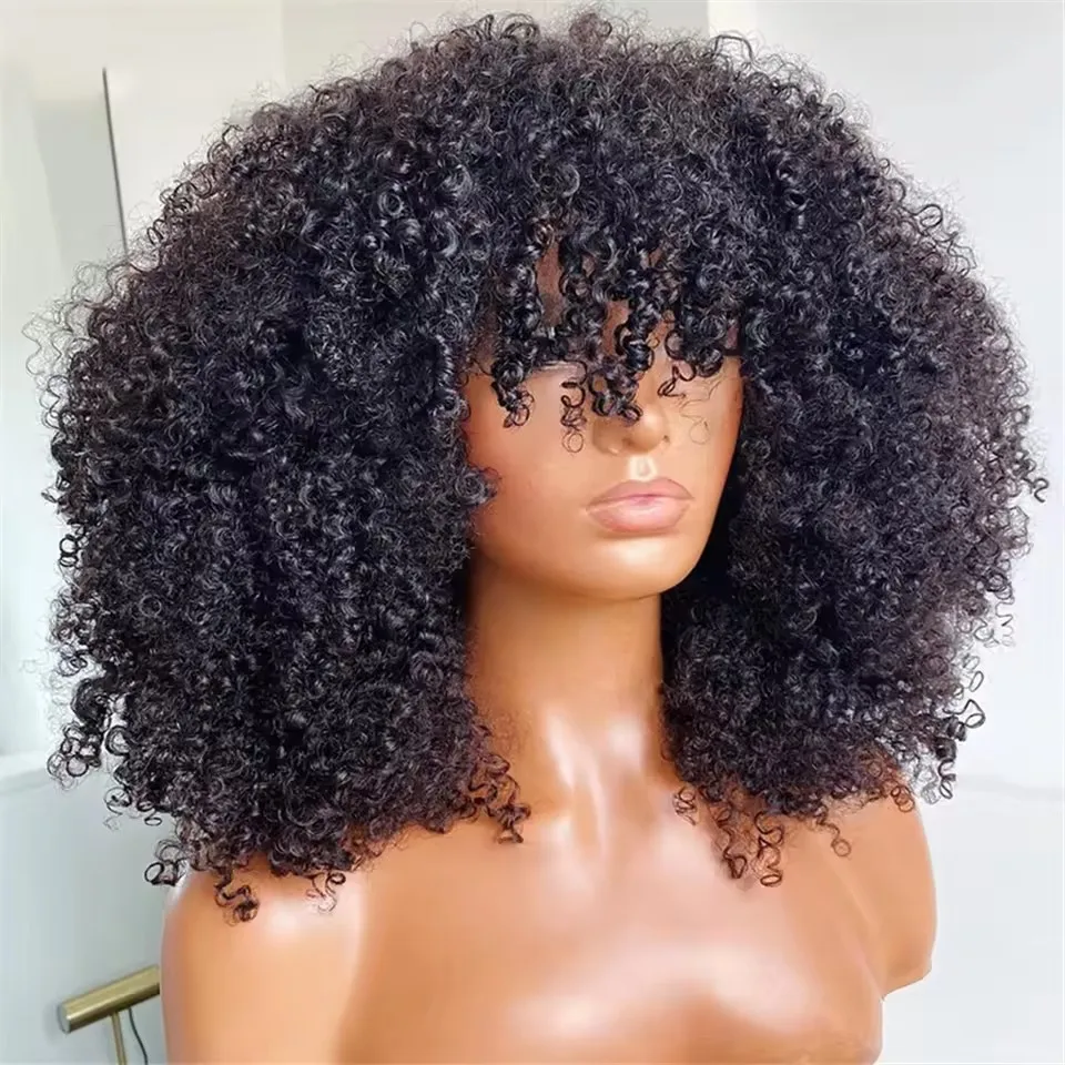 High Density Afro kinky Curly Wig With Bangs Non Lace Natural Color Virgin Human Hair Wigs Wholesale Cheap Short Bob Wigs