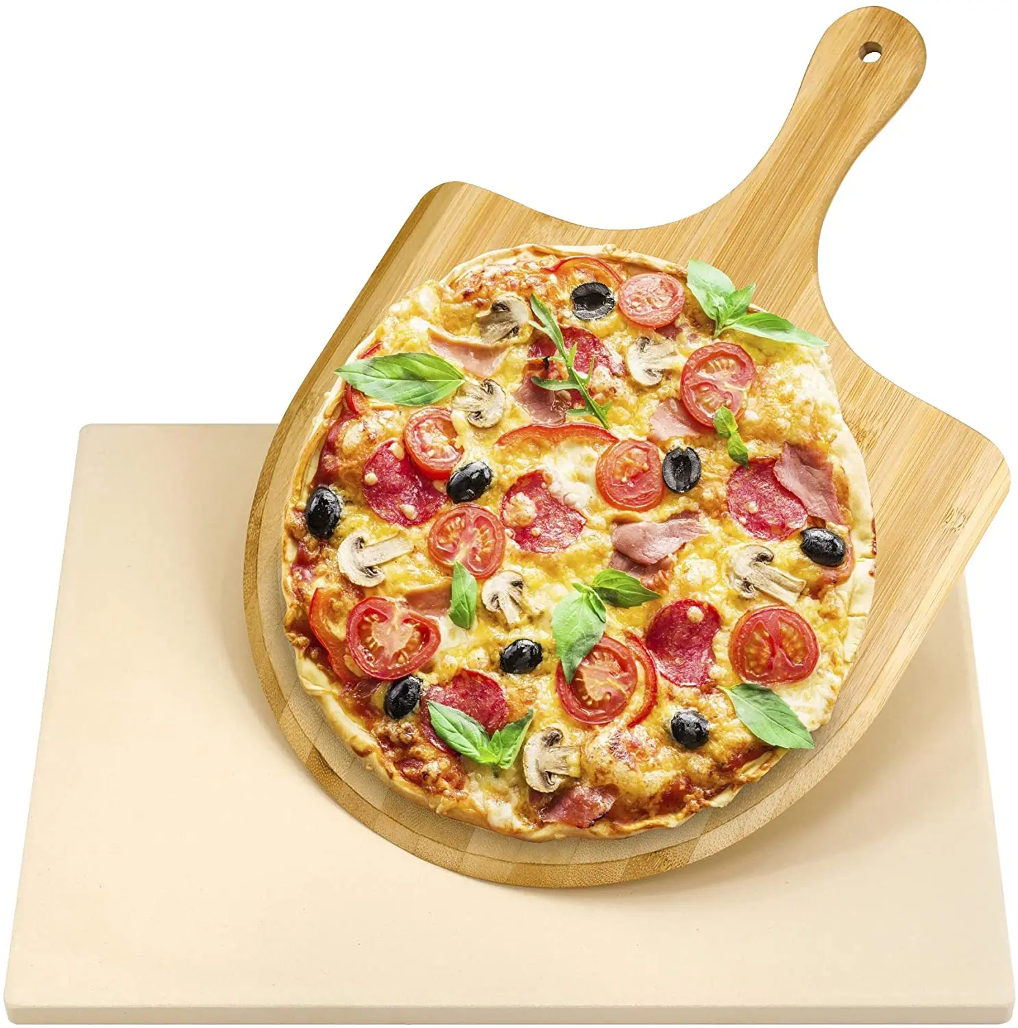 Grill Set of 2 Pizza Tool, Baking Stone for Oven, Gril and BBQ Pizza Stone Bamboo Wood Pizza Peel