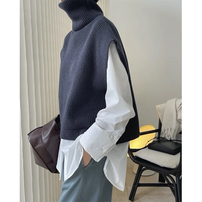 Autumn Winter Korean Style Wide-shouldered Lady Sweater Vest for Women Sleeveless