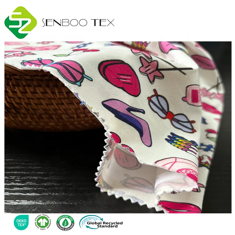 Органическая 95% Vicose, Бамбуковая 5%, спандекс, односпальная трикотажная ткань с принтом для девочек, окрашенный узор, спортивная одежда и платье-рубашка