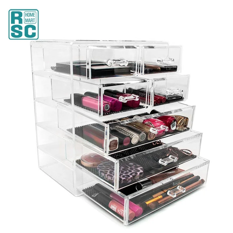 Clear Transparent Acrylic Cosmetics Makeup and Jewelry Big Storage Case Display 3 Large 4 Small Drawers