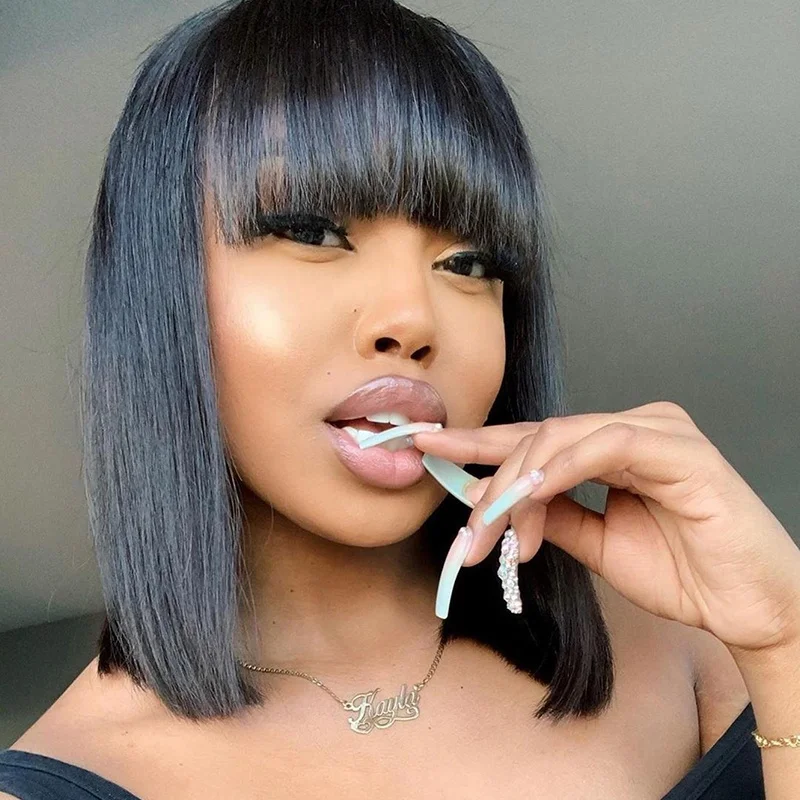 
Hot Beauty Virgin Silk Base Wig Brazilian Human Hair Lace Front Short Straight Bob Wigs With Bangs Human Hair Fringes 