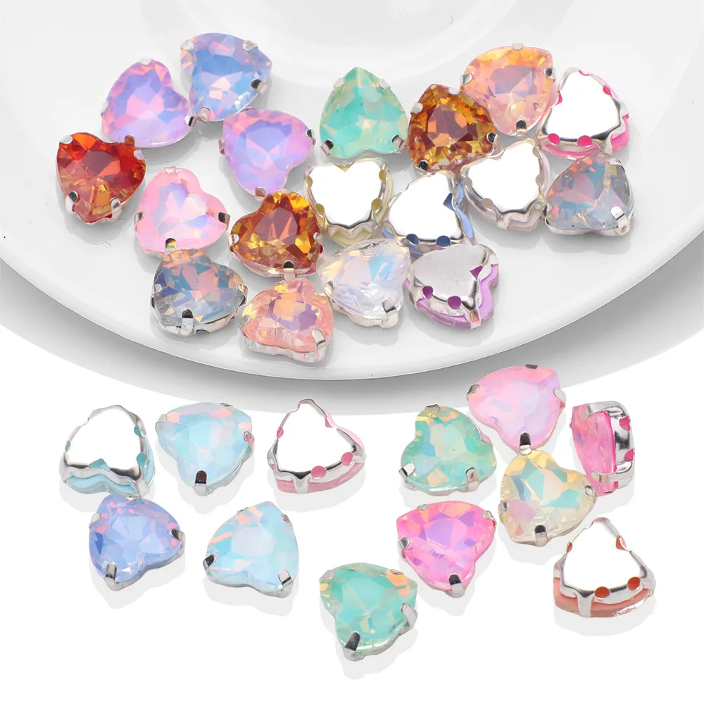 SZ Wholesale 10mm Heart Glass Sew On Rhinestones Mocha Opal AB Crystal Perforate Setting Claw Strass For Clothe Wedding Shoes