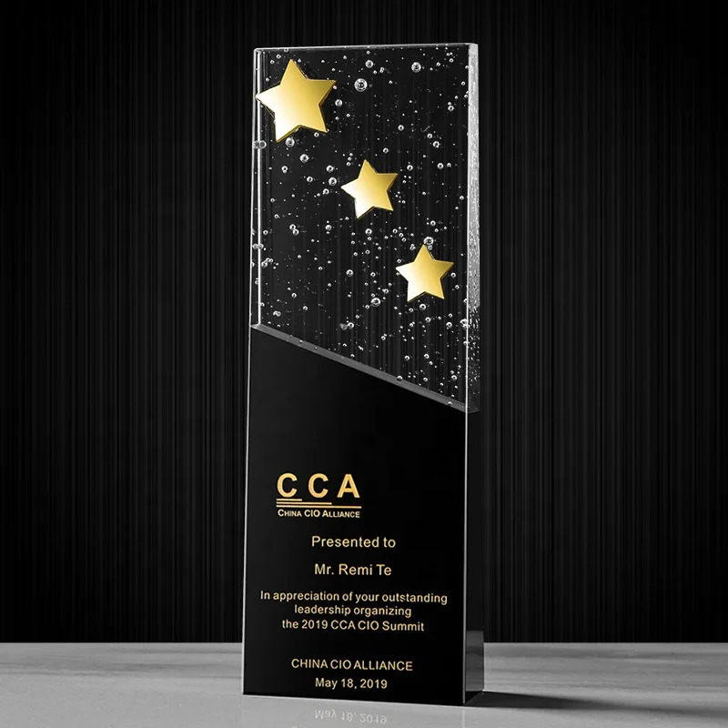 2021 New design crystal trophy award gold star crystal block blank plaque black bubble crystal trophy