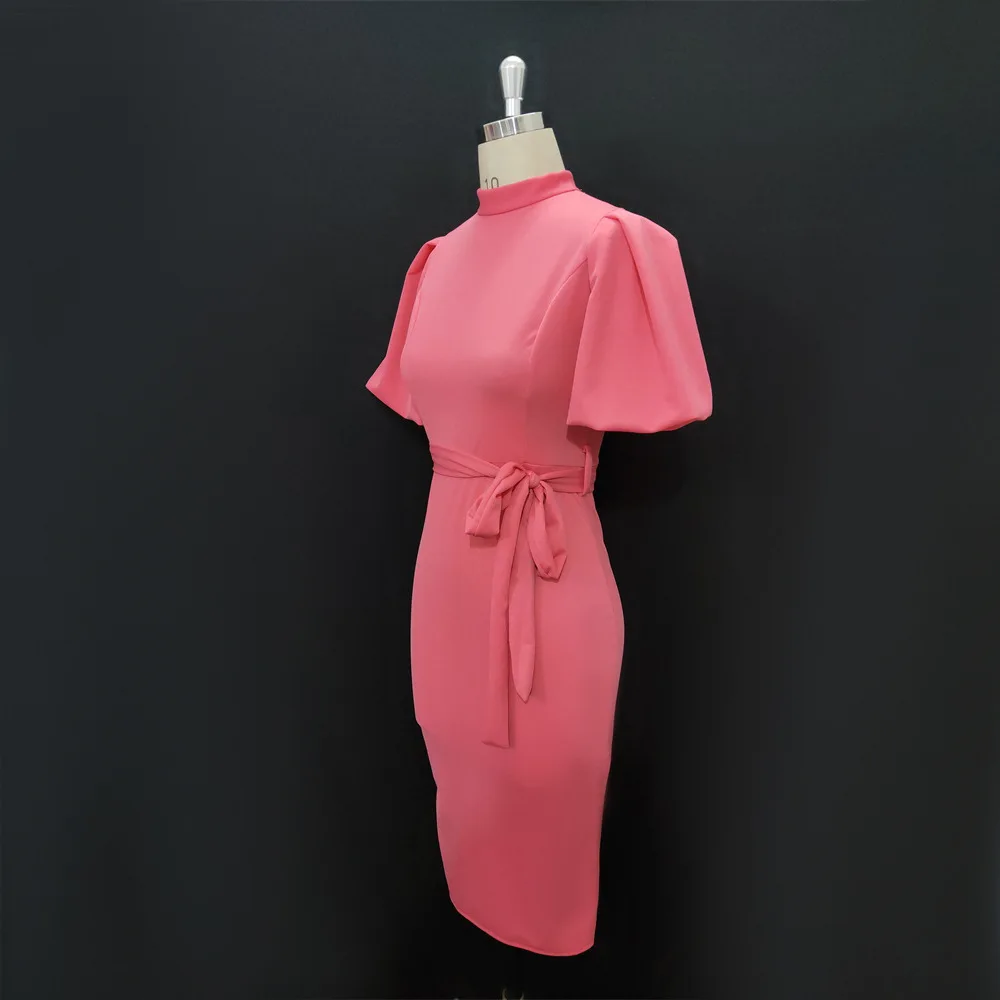 
High quality stand-up collar puff sleeves high-waisted slim fit (including belt) professional Elegant Midi Dress fashionable 