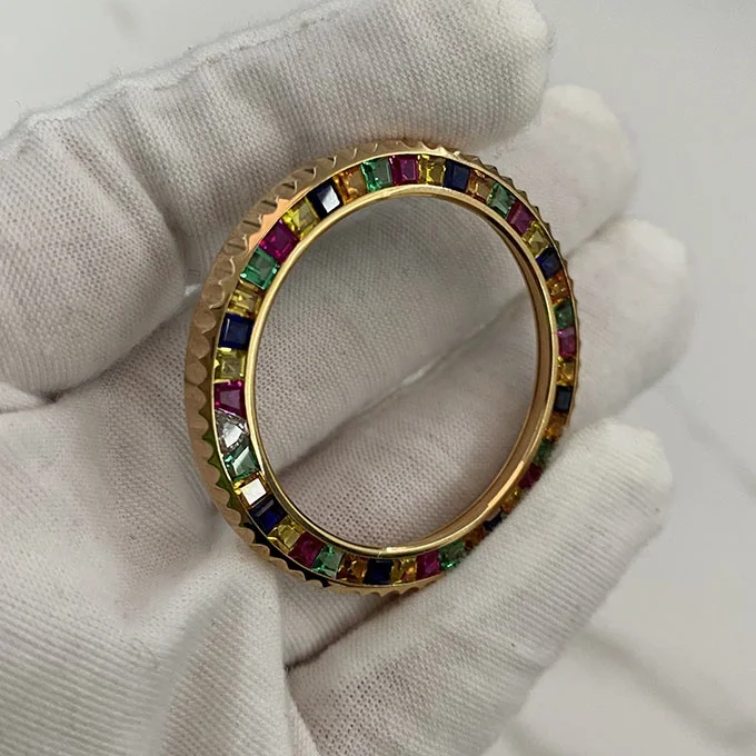 Ручная работа, радужные конфеты, 18 карат, цвет розового золота, лабораторный Выращенный драгоценный камень, синтетический Танзанит, драгоценный камень, Безель, индивидуальные часы для мужчин и женщин