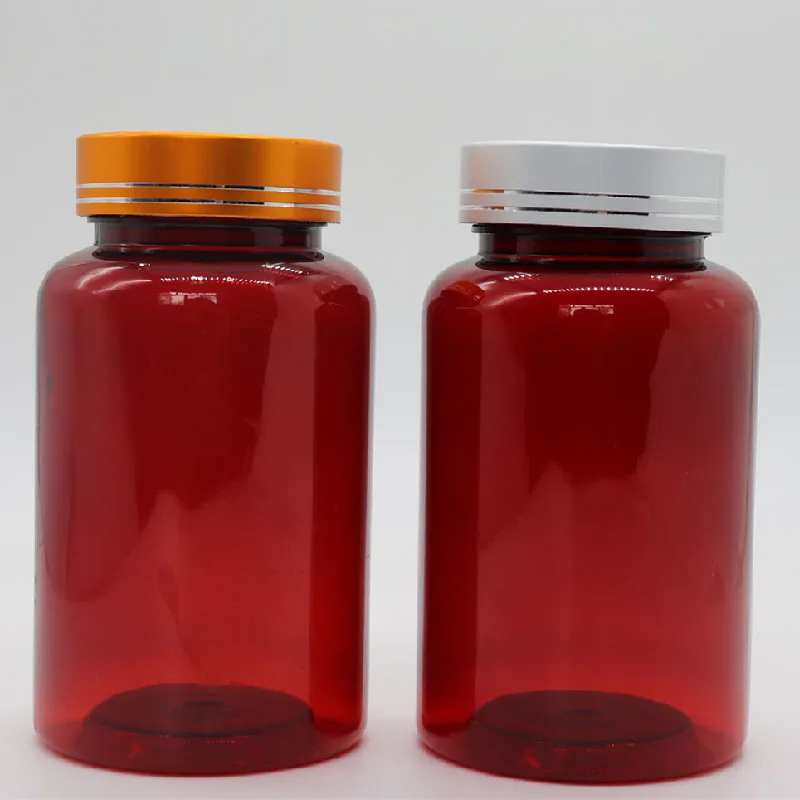 200ml brown transparent big mouth plastic packaging medicine bottle capsule gold and silver cap high-end health products bottle