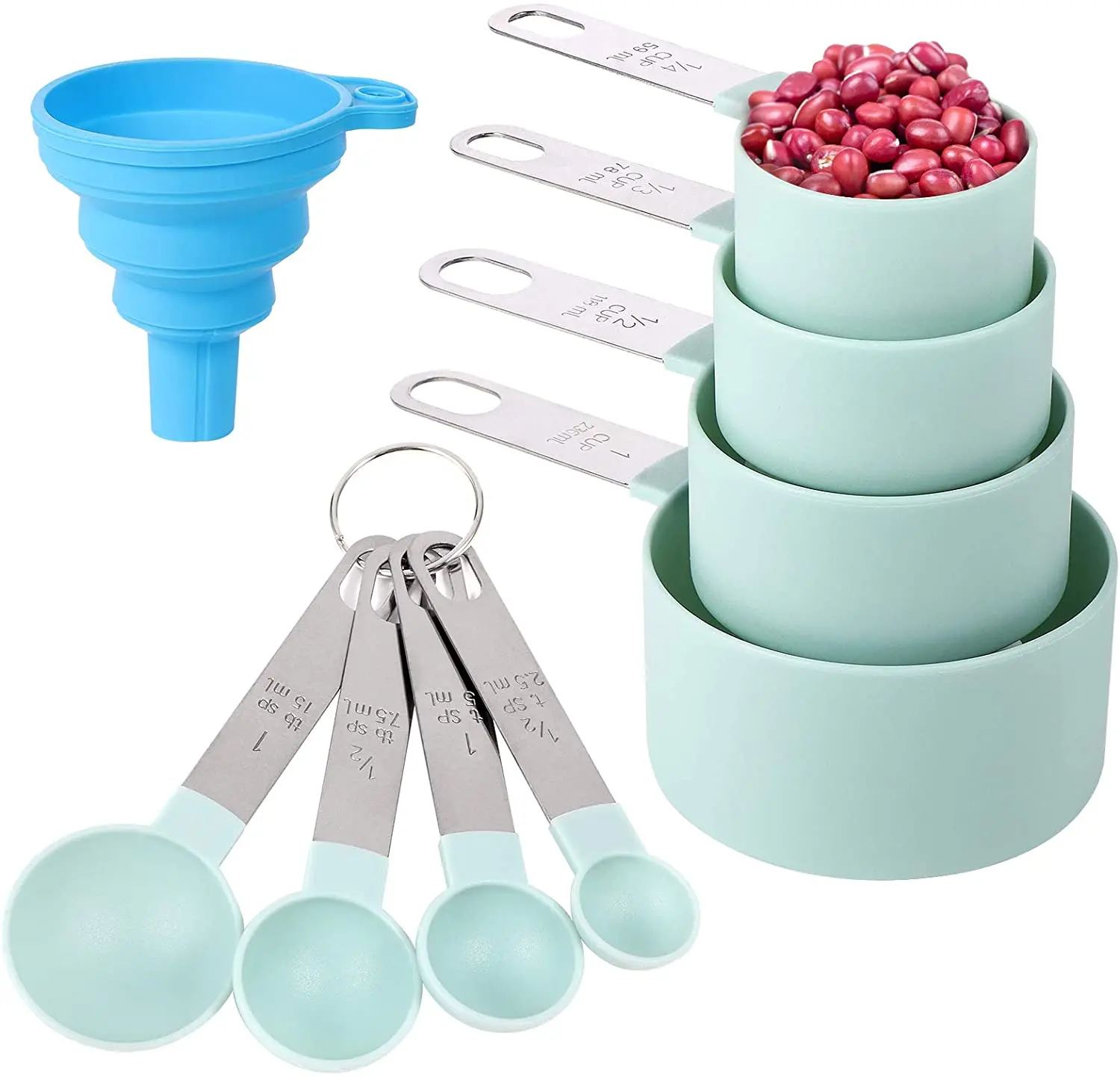 Wholesale 8 Pcs Durable Stainless Steel Handle Plastic Coffee Measuring Cups and Spoons With Silicone Funnel Tools Set