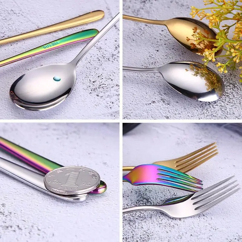 Korea Coloured Colorful Long Handle Metal Inox Stainless Steel Oval Dessert Sugar Coffee Tea Stirring Spoons Forks Set