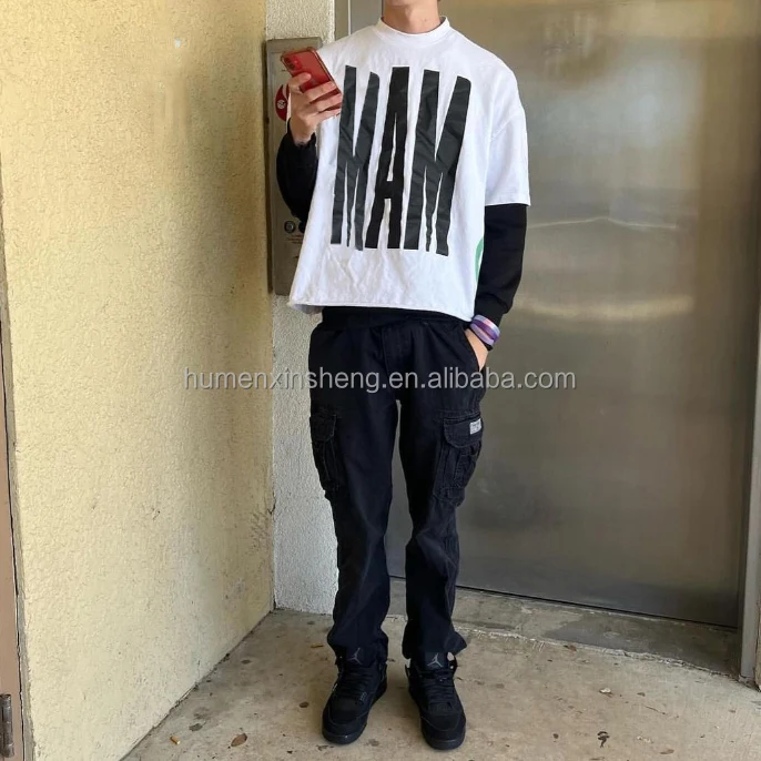 Dongguan manufacturers for customs clothes white graphic drop shoulder t-shirts screen print double layered long sleeve t shirt