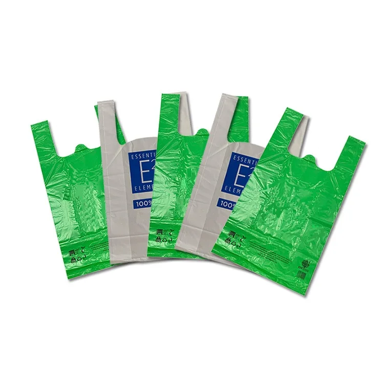 OEM PE PVC recyclable PLA PBAT corn starch biodegradable plastic vest carry bag grocery t-shirt shopping bags