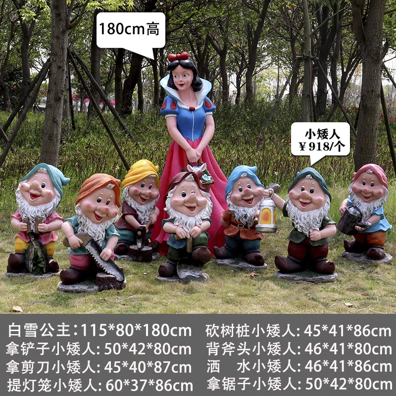 Human life size outdoor cartoon fiberglass snow white princess and seven dwarfs fairy tale resin mini gnome statue sculpture