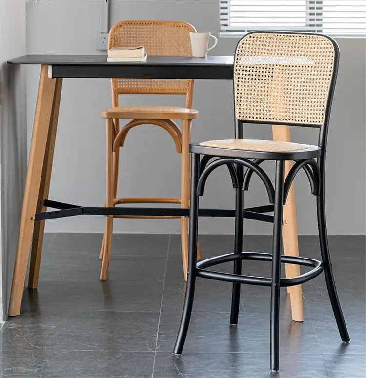 High quality vintage cane high chair for kitchen bar table Nordic solid wood rattan bar stools