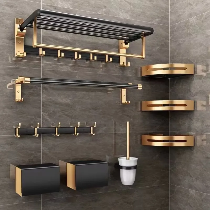 Aluminum Folding Storage Rack Hardware Accessories Set black and gold Towel Rack Shelf bathroom products